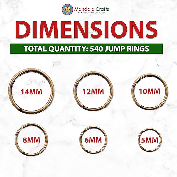 Mandala Crafts Assorted Antique Brass Double Jump Rings for Jewelry Making - 540 Pcs Mini Split Key Rings Set for Crafts, DIY Keychains, and Accessories