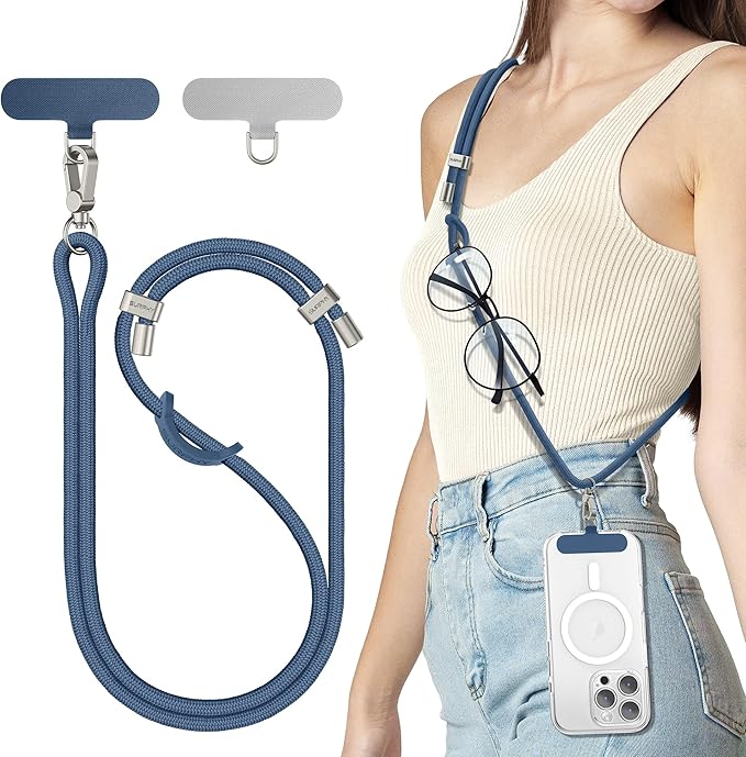 SURPHY Phone Lanyard, Adjustable Phone Strap Crossbody with 2 Pack Cell Phone Tether Tab, Premium Metal Buckles, Skin-Friendly, Universal Cell Phone Lanyard Crossbody for Women and Men, Denim Blue