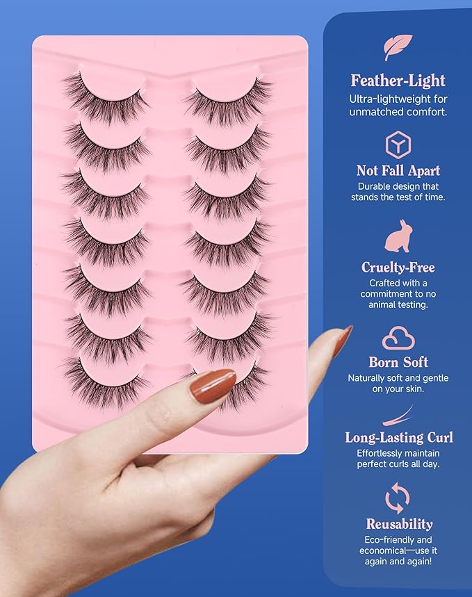 ENFOO Lashes Natural Wispy Look Flared False Eyelashes Soft Strip Lash Fluffy Eyelash 7 Pairs D79