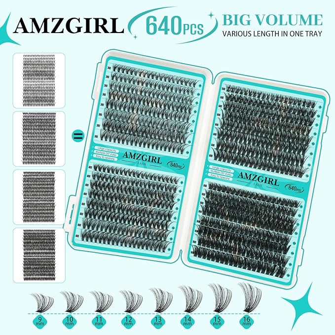 Lash Clusters 4 Style Cluster Lashes 640PCS Eyelash Extension 30D+40D+60D+80D Individual Lashes DIY Lash Extension Natural Black Cluster Eyelash Extensions at Home for Beginners(D-Mix9-16mm)
