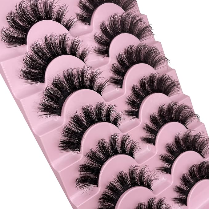 Natgluzie Eyelashes Wispy Lashes Strips - Russian D Curl Strip lashes, 3D Volume Mink Eyelash for Dramatic Look, 7-Pairs Fluffy False Eyelashes