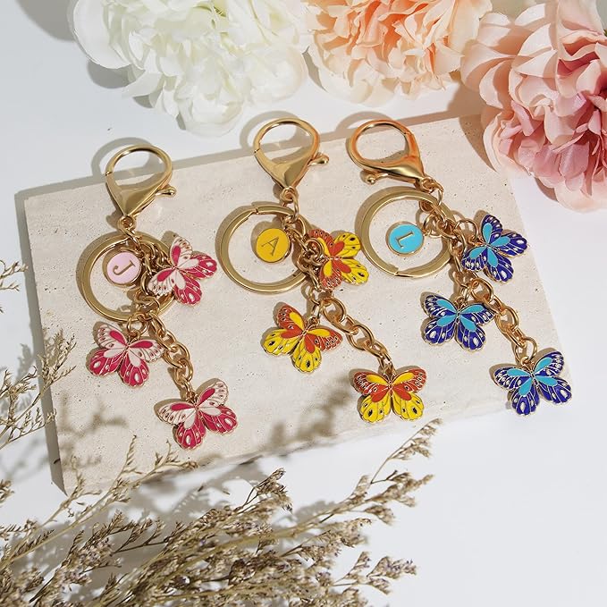Double-sided Cute Butterfly Initial Letter keychain Butterfly Charms for key Handbag Backpack for Women