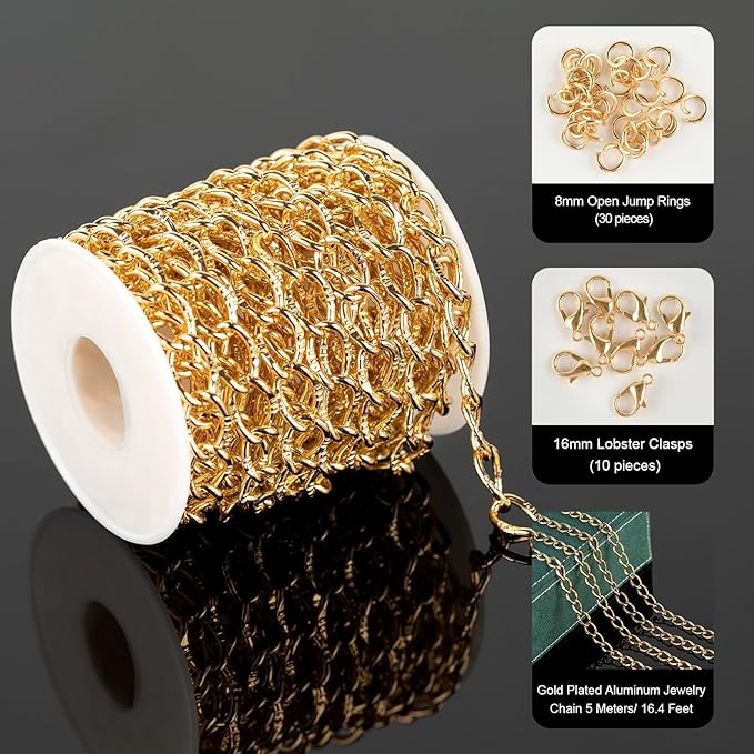 UMAOKANG 5 Meters Aluminum Chain for Jewelry Making Light Gold Plated Embossed Twisted Oval Link Chains Bulk with Jump Rings and Lobster Clasps