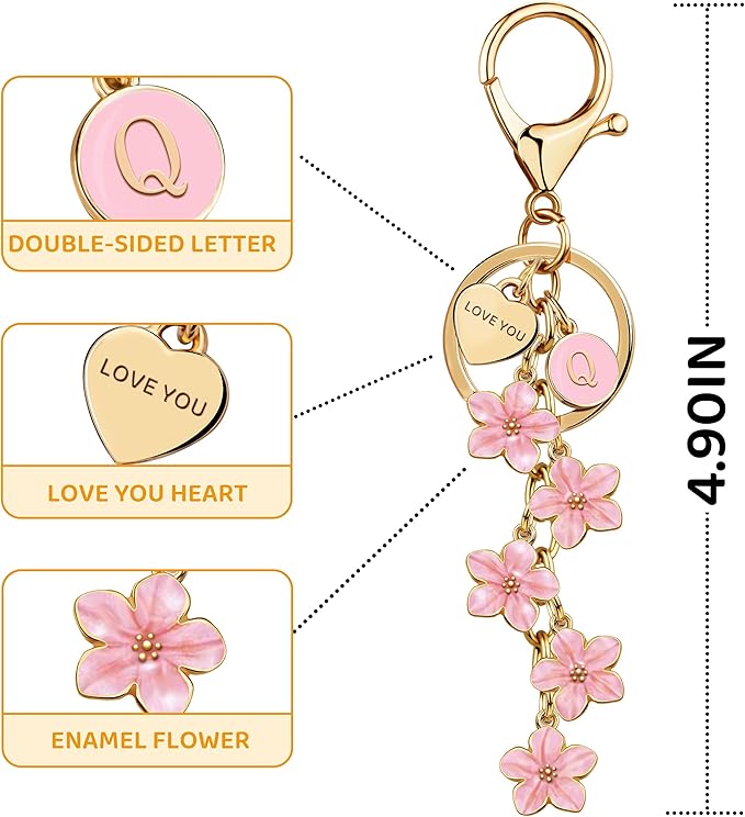 Suweibuke Cute Initial Letter Keychain with Love You Heart, Enamel Flower Charm for Key Handbag Backpack - Women Girls Gifts