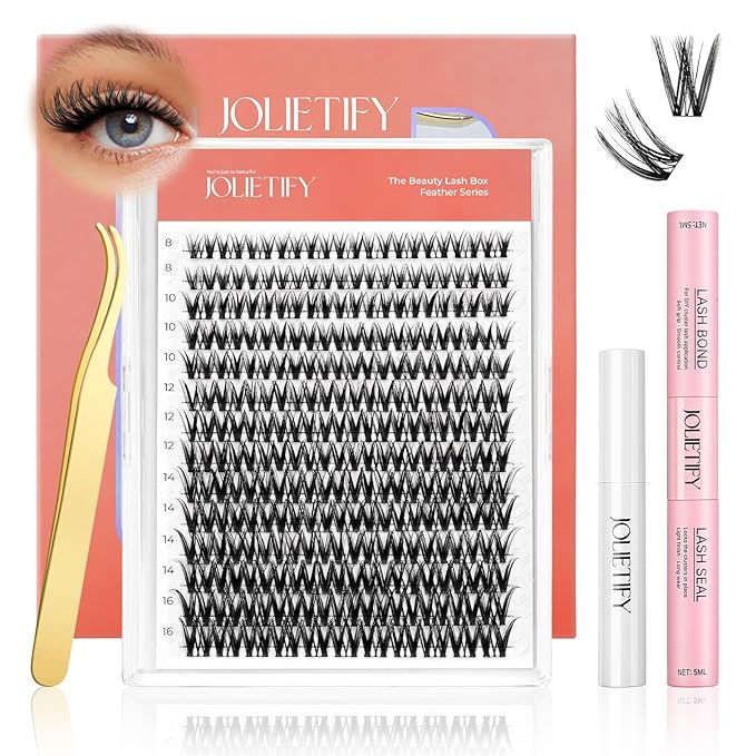 JOLIETIFY Lash Extension Kit, Medium Dense, DIY Faux Mink Cluster Lashes 8-16mm, Waterproof Bond & Seal, Reusable Individual Lashes, Eyelash Tweezers & Remover, Easy to Apply for Beginners