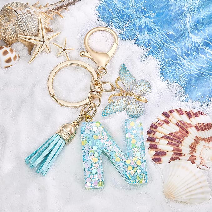 Fashion Alphabet Initial Letter Keychain Tassel Butterfly Pendant Key Ring for Purse Handbags Women Girl