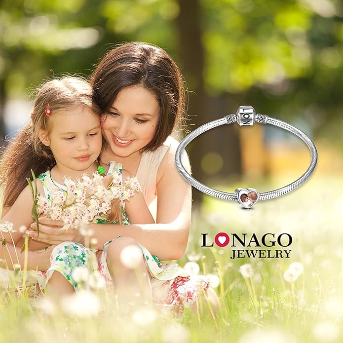 LONAGO 925 Sterling Silver Personalized Photo Charm Fit Compatible for Bracelet Necklace Customized Heart Round Shape Picture Bead