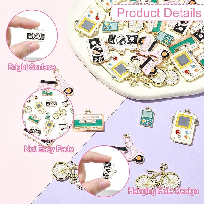 Stiesy 30 Pcs 3 Styles Enamel Vintage Charms Retro Bicycle Motorbike Camera Game Machine Metal Charm Bulk for Jewelry Making Crafts Bracelets Necklace Earring DIY Presents