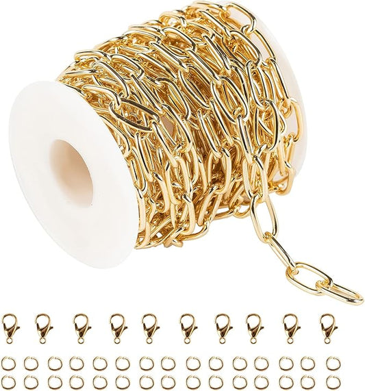 16.4 Feet Aluminum Oval Light Gold Chains for Jewelry Making Unwelded Paperclip Link Cable Chain Roll Necklace Chains Bulk with Lobster Clasps and Jump Rings