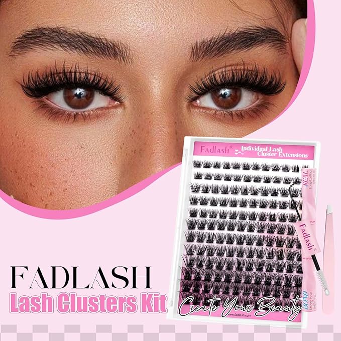 FADLASH Lash Clusters Kit DIY Lash Extension Kit D Curl 0.07 Natural Eyelash Extension Clusters Wispy Lash Clusters with Lash Bond and Seal Lash Tweezer for Self Application(F32-0.07D, 8-16mm Kit)