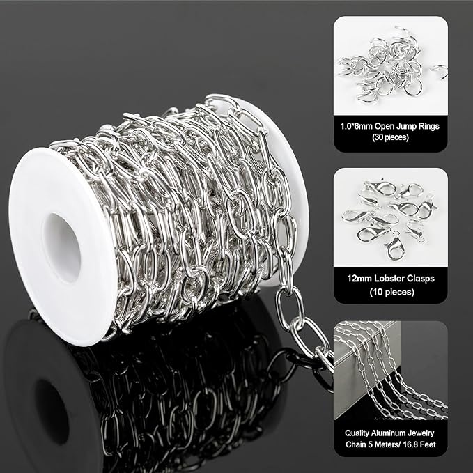 5 Meters Paperclip Chain for Jewelry Making Lightweight Aluminum Necklace Bracelet Chains for Women and Men Oval Link with Jewelry Findings