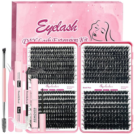 Qiveaory DIY Lash Extension Kit 630pcs Lashes Clusters Thick D Curl Eyelash Extension Kit with Lash Bond and Seal,Eyelash Remover Tweezers Brush(10-18mm,60D+80D+100D+150D) DIY at Home