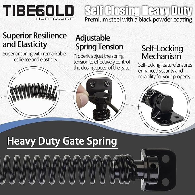 11-1/2" Gate Spring Self Closing, Heavy Duty Black Door Closer Spring, Adjustable Tensioner Automatic Outdoor Gate Closure, Gate Spring Hardware for Wooden and Vinyl Fence, 2 Pack