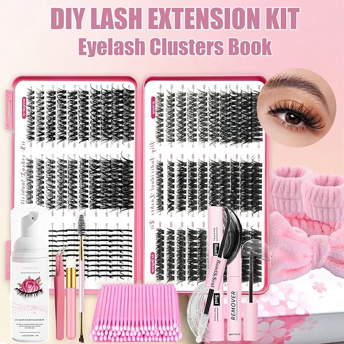 Qiveaory 580PCS DIY Lash Clusters Kit with Lash Spikes Eyelash Clusters D Cluster Eyelash Extensions Lash Bond and Seal Glue Remover Tweezers Eyelash Shampoo Cleansing Brush Headband Wristband