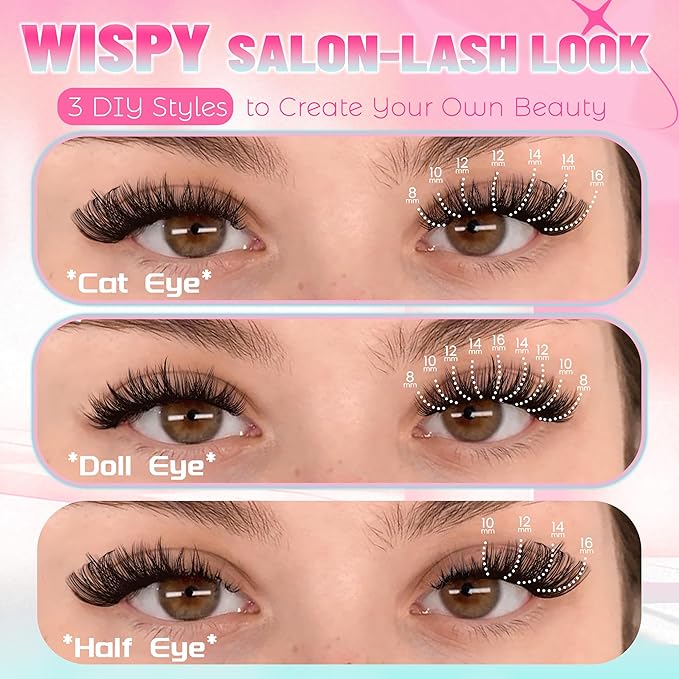 Lash Clusters 144PCS Individual Lashes 8-16MM Mixed Eyelash Clusters D Curl Cluster Lashes Fluffy Cluster Eyelash Extensions DIY Eyelashes Extension at Home (Fluffy-D)