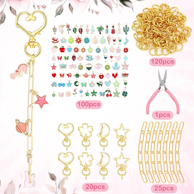 Tondiamo 241 Pcs Gold Keychain Making Kit Bulk Bag Charm Kit 100 Charms 20 Heart Shaped Star Shape Swivel Spring Clasps 100 Jump Ring 20 Extender Chain Jewelry Plier for DIY Craft Supplies Gift