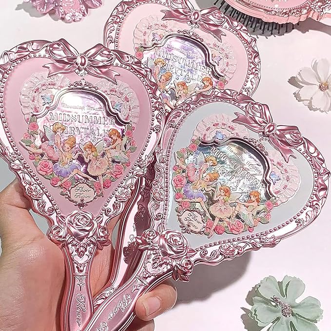 Flower Knows Midsummer Fairytales Hand Mirror,Vintage Heart Handheld Mirror,Fancy & Pretty Princess Handheld Mirror with Long Handle,Gift for Girls & Women(White Vanilla)