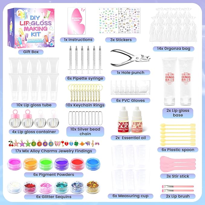 WhizToys DIY Lip Gloss Making Kit - Make Your Own Lip Glosses Set Clear Base Lipgloss Keychain Making Kit，Cute Stuff Birthday Christmas Gift for Her