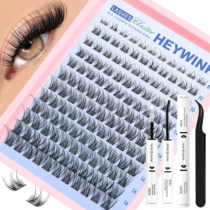 HEYWINK DIY Lash Extension Kit Natural Look Wispy Lash Clusters D Lashes Clusters 8-18mm Eyelash Extension Kit Lash Bond and Seal Lash Tweezers Individual Lashes Lash Cluster Kit For Beginners