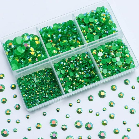 3000PCS Resin Flatback Rhinestone, 2mm 3mm 4mm 5mm 6mm Green AB Flatback Jelly Resin Rhinestones for Tumblers, Mugs, Bottles, Craft Decoration, Loose Bling Glitter Gem Stone