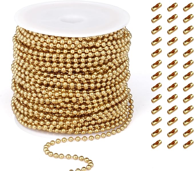 50FT 18K Gold PVD Plated Ball Bead Chains Roll, 2.4mm Gold Stainless Steel Ball Beaded Chains Spool with 30 PCS Connectors Bulk for Jewelry Making