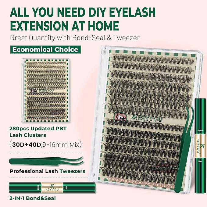 KEYYOU DIY Lash Extension Kit 280pcs Individual Lashes D Curl Eyelash Extension Kit 30D+40D 9-16Mix Lash Clusters with Lash Bond and Seal and Lash Applicator for DIY at Home(KIT-30D40D-0.07D-9-16MIX)