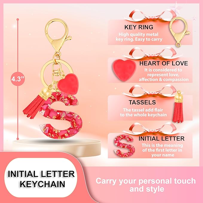 Initial Keychains for Women with Cute Heart Resin - Alphabet Letter Keychain for Bag, Backpacks, Purse or Car key