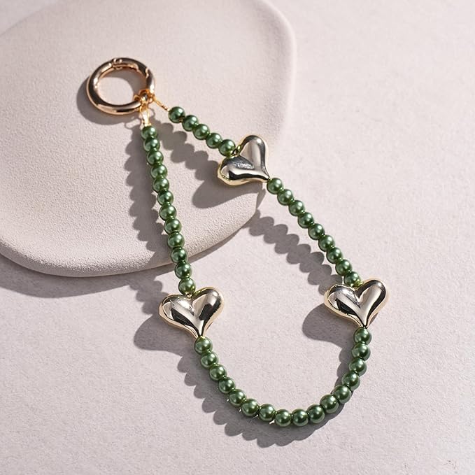 Beaded Phone Wrist Strap for Women Pearl Wristlet Strap Cute Phone Lanyard Golden Heart Shaped Bead Cellphone Chain (Green)