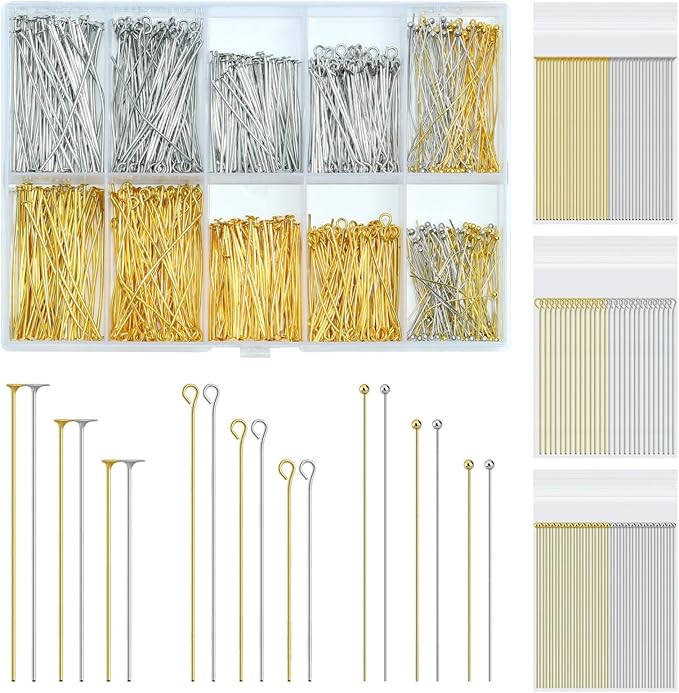 SONGIN 1085pcs Eye Pins and Flat Head Pins for Jewelry Making, Metal Eyepins, Headpins & Ball Head Pins for DIY Earrings, Necklaces, Bracelets, Pendants Jewelry Supplies, Gold & Silver