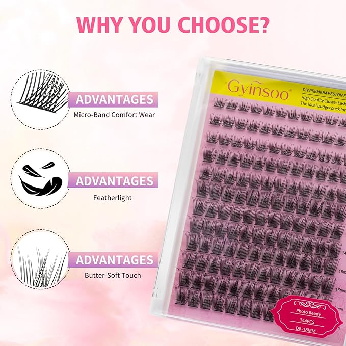 Gyinsoo 144Pcs DIY Lash Extension Kit D Curl 8-18mm Mix "Photo Ready" Volume Lashes with Pink Bond and Seal, Remover & Tweezers - Fluffy Wispy Individual Clusters