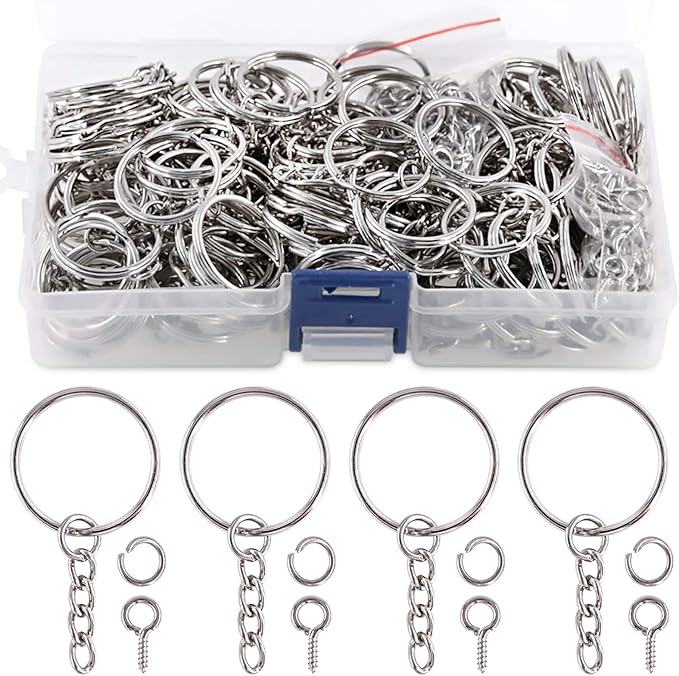 Swpeet 450Pcs 1" 25mm Sliver Key Chain Rings Kit, Including 150Pcs Keychain Rings with Chain and 150Pcs Jump Ring with 150Pcs Screw Eye Pins Bulk for Jewelry Findings Making (Sliver)