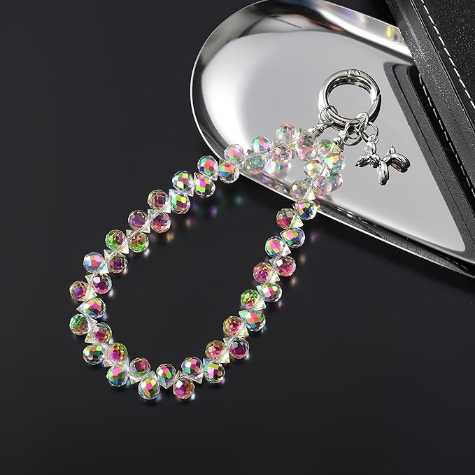 Crystal Phone Wrist Strap Phone Charm Chain Keychain Beaded Cellphone Lanyard with Tether Tab Hands-Free Wristlet Bracelet Wrist Grip Strap for Women, D-Crystal AB