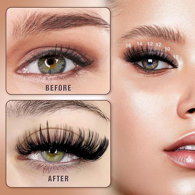 AILAISHI Lash Clusters Kit, DIY Cluster Eyelash Extensions 9‑16mm, 60D+80D+100D, 224pcs Fluffy D Curl Natural Lashes with Bond & Seal,Tweezers–Fake Cat Eye Individual Clusters
