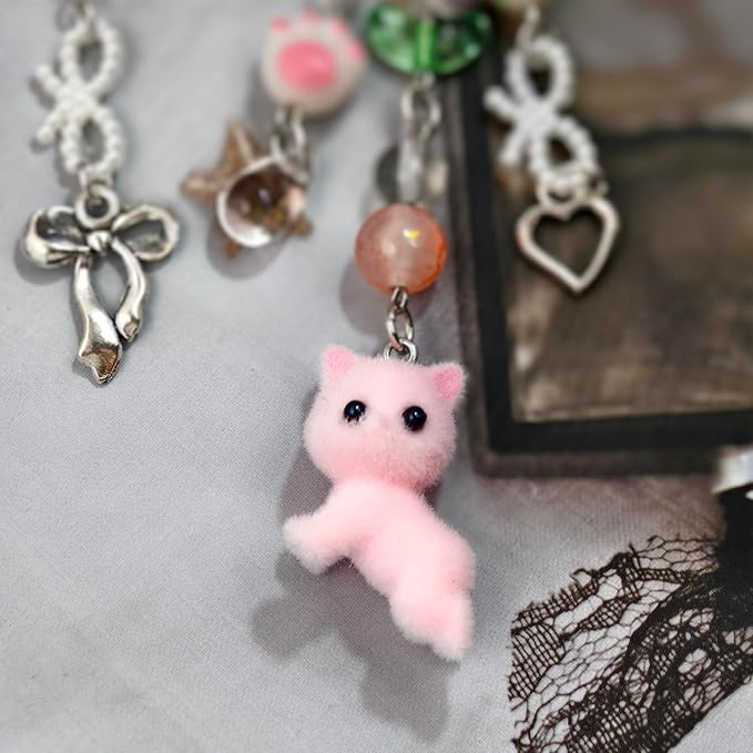 Cute Cat Keychain, Y2K Heart Bow Pendant, Kawaii Cat Bag Charm
