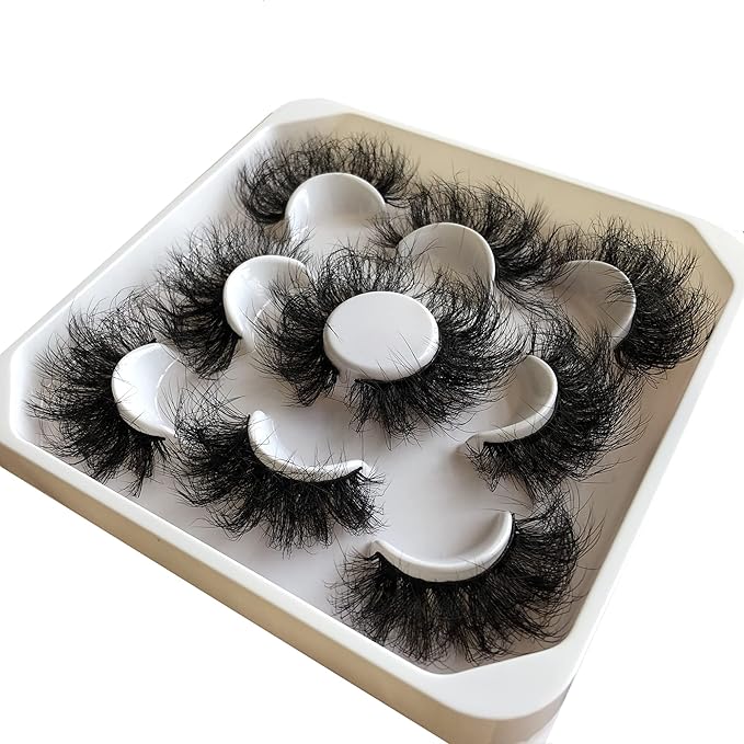Pooplunch False Eyelashes 25MM Volume Dramatic Faux Mink Lashes 5 Pairs Long Thick Messy Crossed Fake Eye Lashes Strips Pack