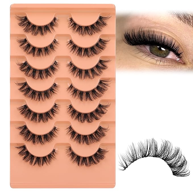 JIMIRE Cat Eye False Eyelashes Volume Mink Lashes Fluffy D Curl Russian Strip Lashes Natural Look 15MM Soft Cat Eye Fake Lashes with Clear Band Lash Extensions 7 Pairs Pack
