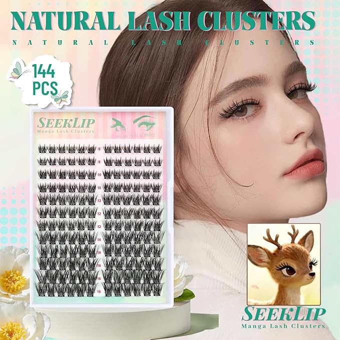 Lash Clusters Manga Eyelash Extensions Fluffy Spiky Deer Individual Lashes 144PCS 8-16MM Mixed Anime Eyelash Clusters Doe Eyed Wispy Double Spikes Natural Cluster Lashes (Meteor)