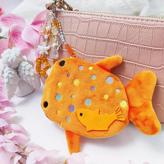 Adorable Whale Shark Coin Purse Keychain,Soft Plush Zipper Coin Purse,Handmade Purse Bag Charm Gift for Women (Orange)