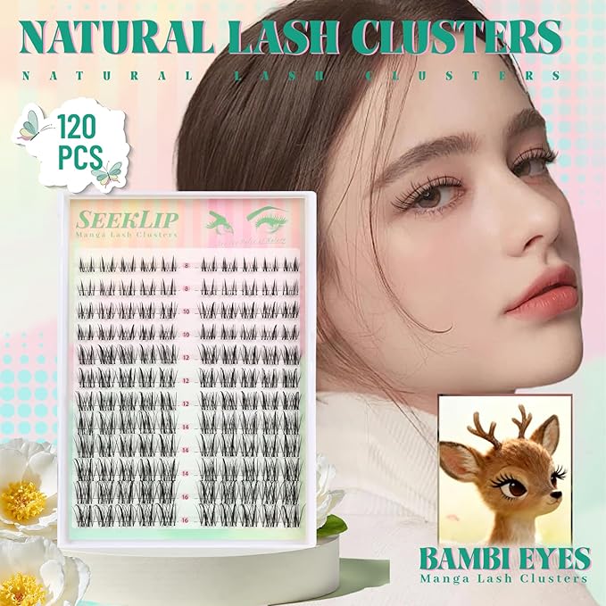 Lash Clusters Manga Individual Deer Lashes with Clear Band Spiky Natural C Curl 120PCS 8-16MM Mixed Eyelash Extensions for DIY Doe Eyed Japan Korean Anime Eyelash Clusters at Home (Thorns)