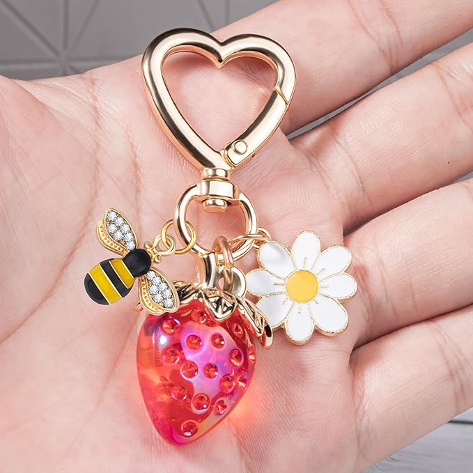 Wikavanli Cute Strawberry Keychain,Bag Charms,Kawaii Heart Flower Daisy Key chains Accessories Decor for Women Girls Purse