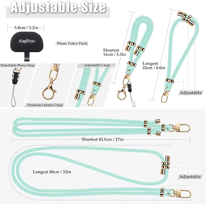 Universal Phone Lanyard with Wrist Strap, Adjustable Crossbody Cell Phone Lanyard Neck Strap and Wristlet Strap with 2 Lobster Clips, Phone Tether Patches and Phone Straps (Mint Green, 2 Pack)