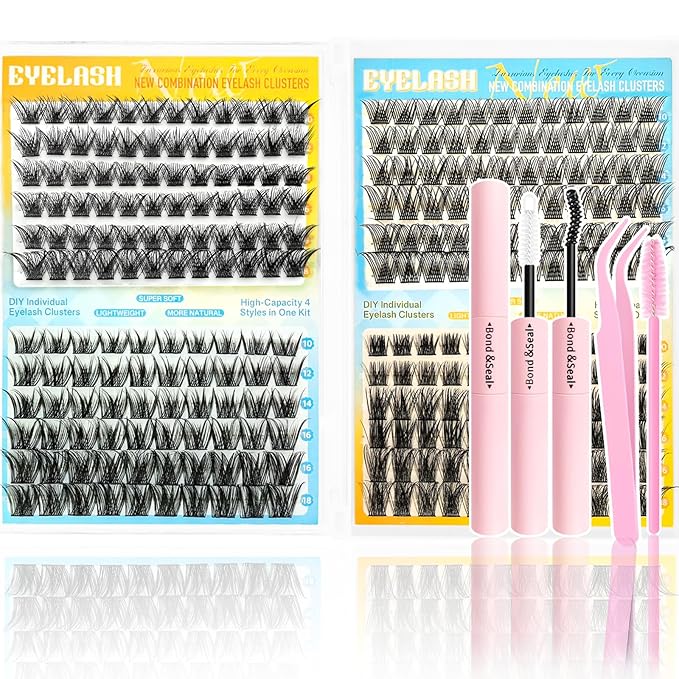 Lash Clusters Kit 288pcs, Natural Wispy DIY Eyelash Lashes Clusters Extensions Kit, 10-18mm D Curl with Lash Glue, Brush Tweezer