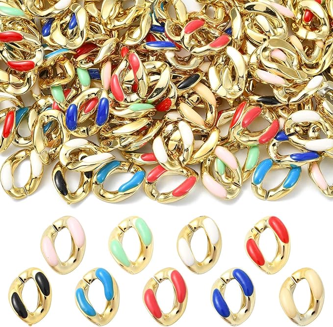 LiQunSweet 135 pcs 9 Colors Oval ABS Plastic Twisted Linking Rings Chains UV Plating Colorful Rainbow Oval Quick Link Connector Chain for DIY Jewelry Making Craft Decoration