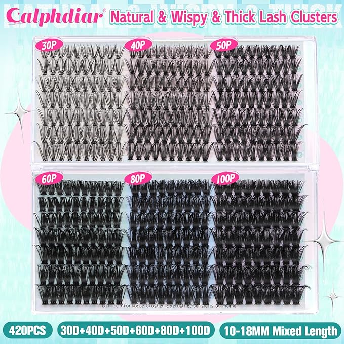 Lash Clusters Wispy Eyelash Clusters D-curly Individual Lashes Extension 420PCS Cluster Lashes 30D+40D+50D+60D+80D+100D Mixed Volume Cluster Eyelash Extensions 10-18MM Lashes Clusters for Beginners