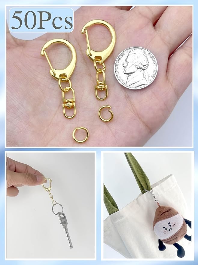 50Pcs Lobster Claw Clasps for Keychain Clip, Swivel Snap Hooks Silver and Gold Key Chain Rings DIY Making Kit for Crafts