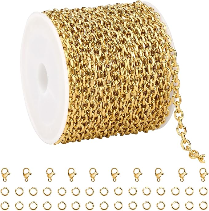 UMAOKANG 16.4 Feet Gold Plated Chains for Jewelry Making Stainless Steel Cable Jewelry Chain Roll with Jewelry Findings