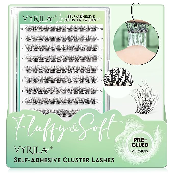 VYRILA Self-Adhesive Lash Cluster, 120pcs Pre-Glued Clusters, Pop-On Faux Eyelashes, 3D Band D Curl Natural Look Lahses, Easy to Apply, Reusable 0.05mm Eyelash Extensions (Green Hush-D-0.05-10-16mix)