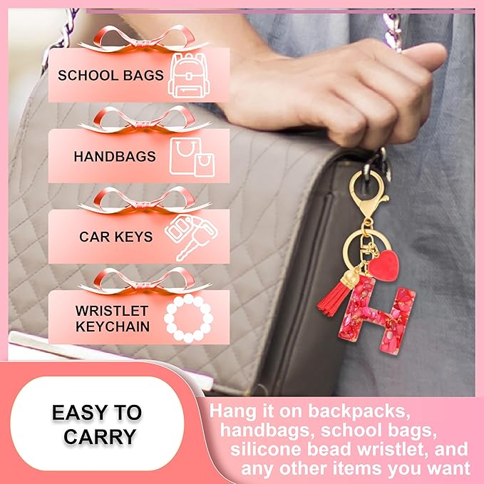 Initial Keychains for Women with Cute Heart Resin - Alphabet Letter Keychain for Bag, Backpacks, Purse or Car key