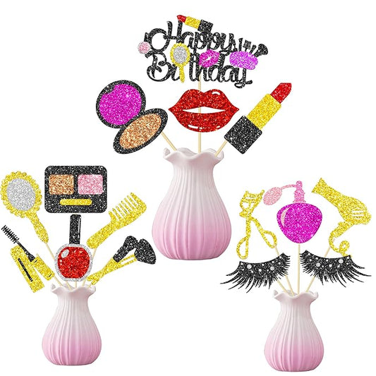 16Pcs Glitter Makeup Party Centerpiece Sticks Spa Makeup Party Decorations Cosmetics Lipstick Eyelashes Perfume Theme Table Centerpiece for Girls Women Birthday Party Party Bridal Shower Supplies