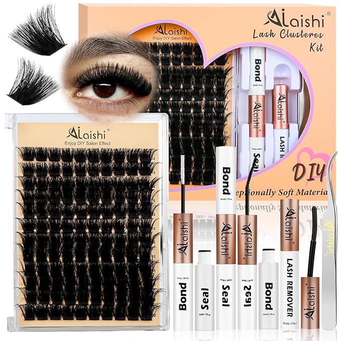 AILAISHI Lash Clusters Kit, DIY Cluster Eyelash Extensions 14‑20mm, 200D, 120pcs Fluffy D Curl Natural Lashes with Bond & Seal,Remover,Tweezers – Fake Cat Eye Individual Clusters